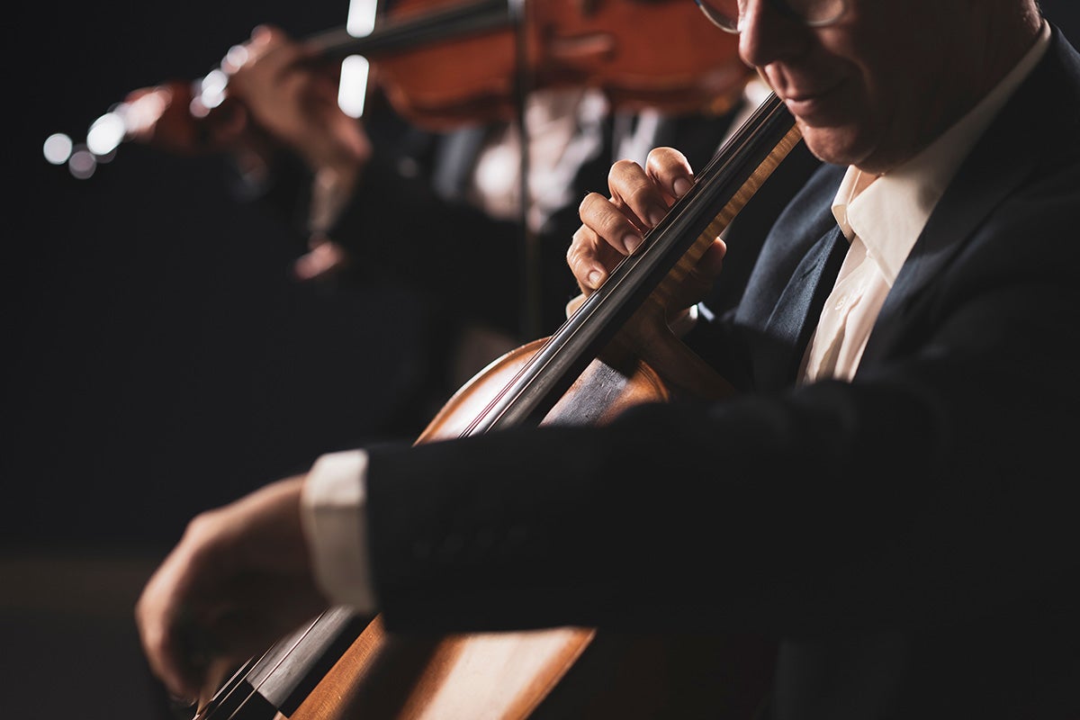 Symphonic orchestra performing on stage and playing a classical music concert, cellist in the foreground