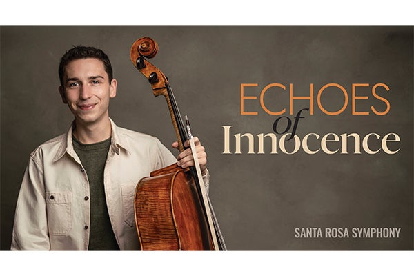 Echoes of Innocence postcard, Oliver Herbert with cello